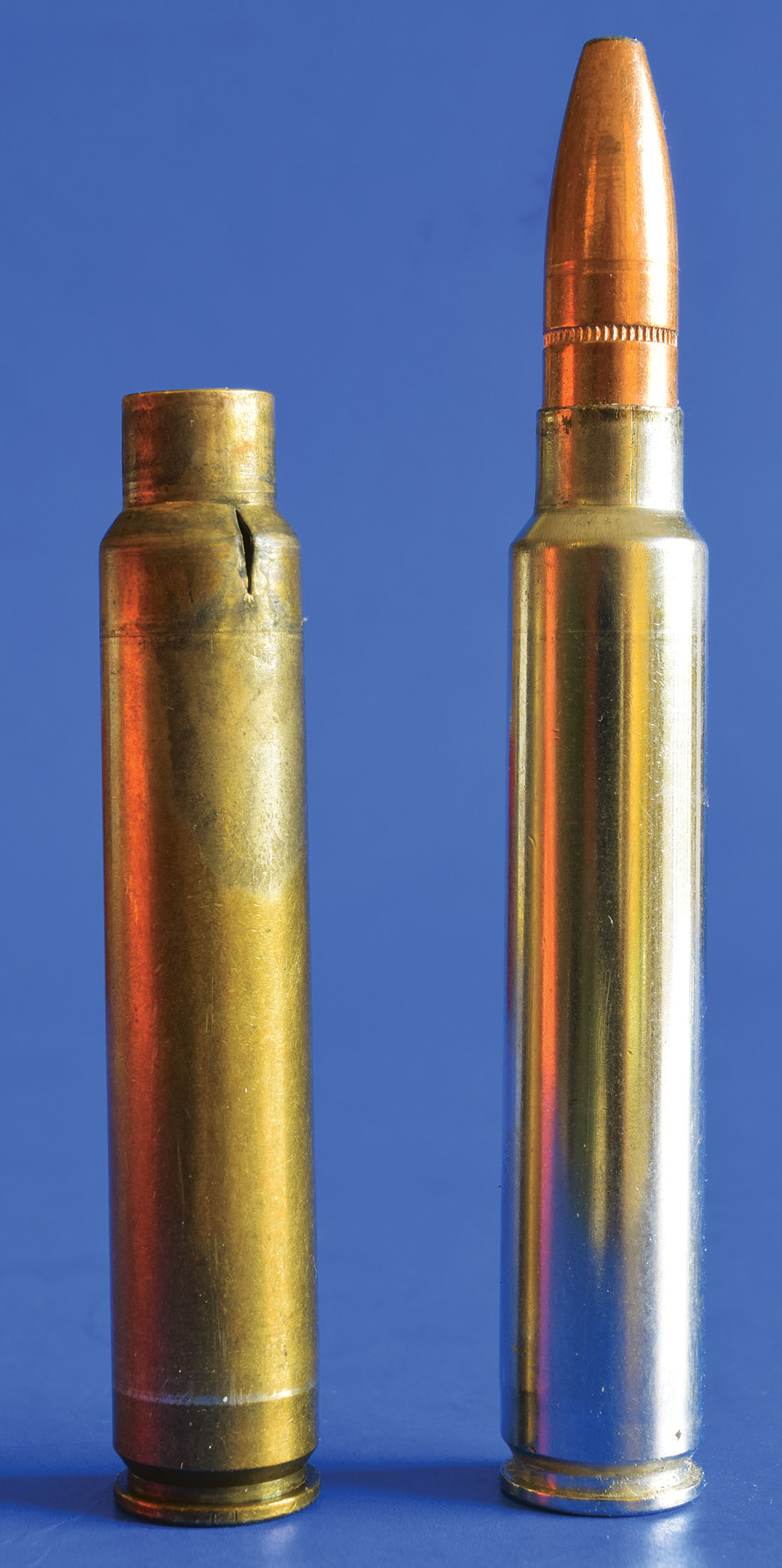 Old, used 30-06 brass delivered two splits. Wayne advises new brass, not necessarily nickeled as here.